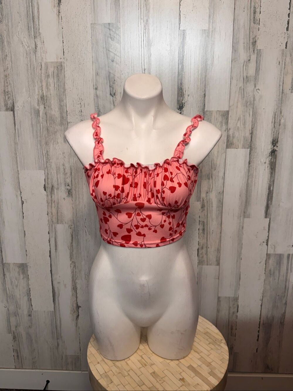 Romwe Pink Red Heart Vine Print Ruffle Strap Bustier Milkmaid Crop Top Womens S